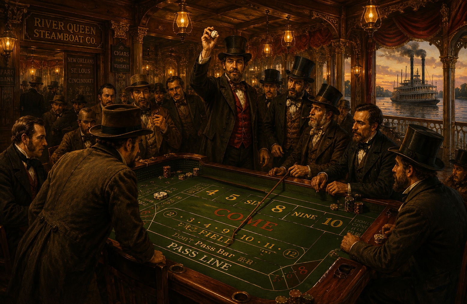 Mississippi riverboat gambling scene where early craps spread through America